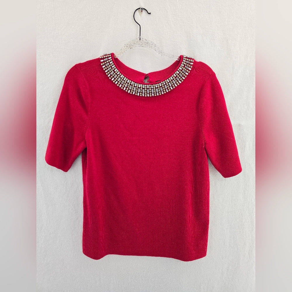 TALBOTS Red S Sleeve Rhinestone Embellished Neckline Classy Sweater.  LARGE P - Picture 2 of 9